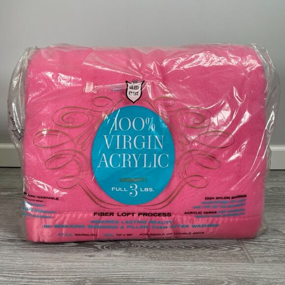 Vintage Grant Crest BRIGHT PINK 100% Virgin Acrylic Nylon Binding Blanket - NEW! - Picture 1 of 11